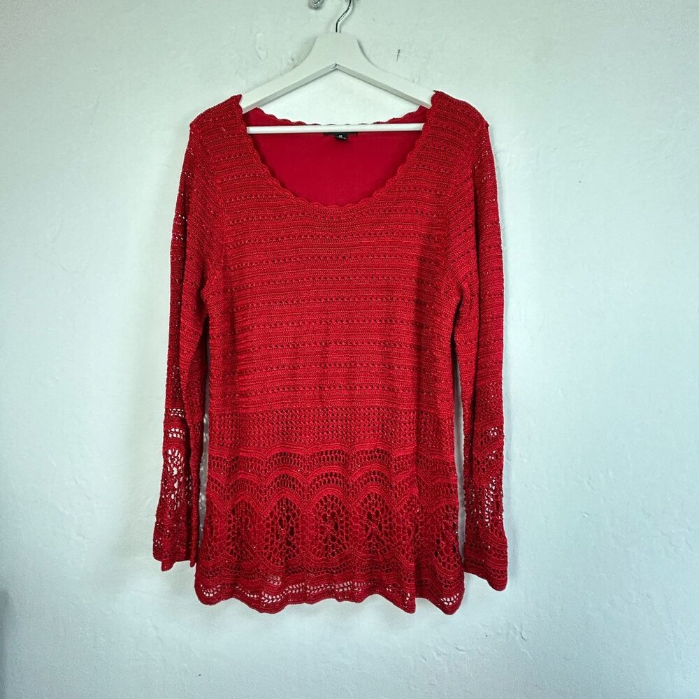 Alfani Woman Red Crochet Knit Beaded Long Sleeve Top 1X Scoop Neck Lined Casual